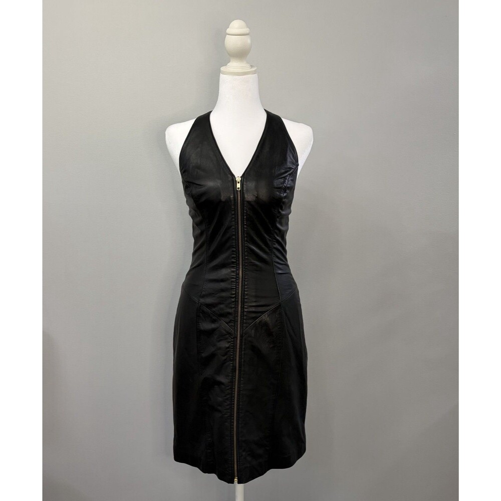 Vintage Wilsons Leather Halter Dress Full Zip Front Bodycon Clubwear Punk Small